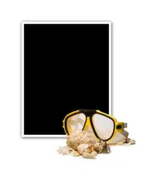 Empty frame with diving mask and sea shells Stock Photos
