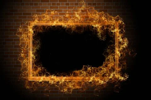 Empty frame with fire Empty frame with fire on the brick wall Copyright: x... Stock Photos