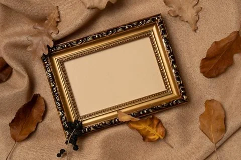 Empty frame with foliage on a fabric background from above. Autumn concept. Stock Photos