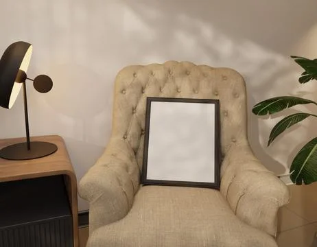 Empty frame on a light beige armchair in a room with a modern lamp and plant Stock Illustration