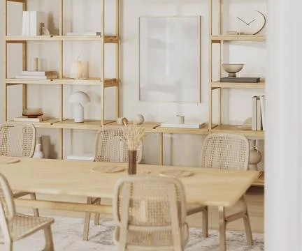 Empty frame mock up on white wall with shelves with decor, dining table in... Foto stock