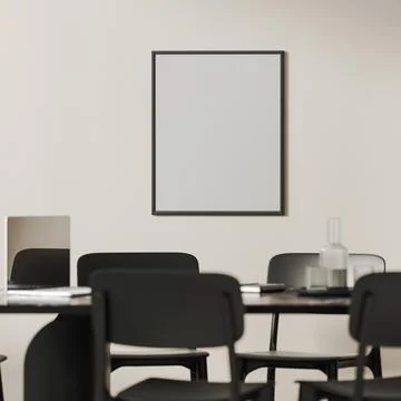 Empty frame mockup above office  conference table with laptop and notebooks.. Illustrazione stock