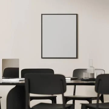 Empty frame mockup above office conference table with laptop and notebooks... Stock Photos