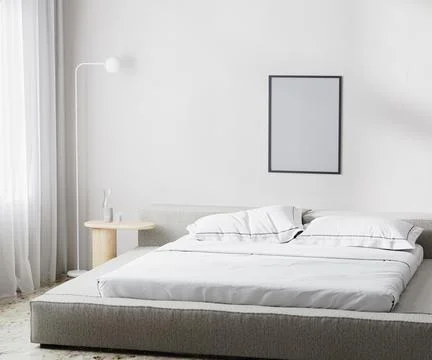 Empty frame mockup in modern bedroom interior background, scandinavian style, Stock Illustration