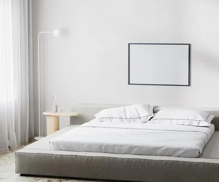 Empty frame mockup in modern bedroom interior background, scandinavian style, Illustrazione stock