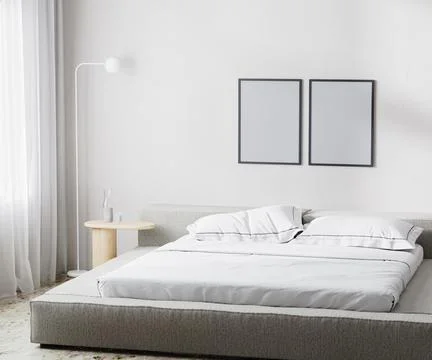 Empty frame mockup in modern bedroom interior background, scandinavian style, Illustrazione stock