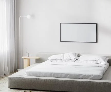 Empty frame mockup in modern bedroom interior background, scandinavian style, Stock Illustration