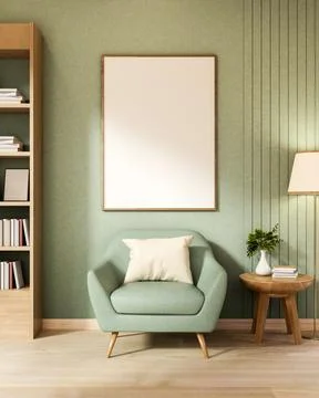 Empty frame over sofa chair and side table aside high floor lamp on parquet.. Illustrazione stock