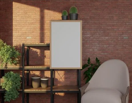 Empty frame on shelf in a room with brick wall and plants. Sunlight casts s.. Stock Illustration