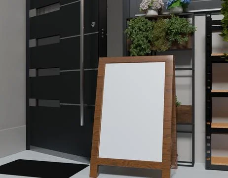 Empty A-frame sign in a modern entryway. Plants and shelves are visible Stock Illustration