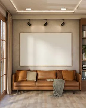 Empty frame with spotlight over brown leather sofa with cushions and blanke.. Stock Illustration