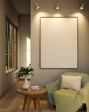 Empty frame with spotlight on wall over green sofa chair and side table in .. Illustrazione stock