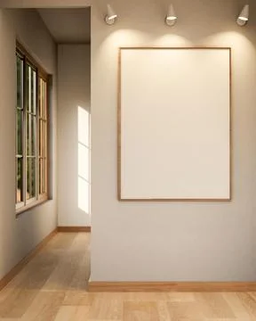 Empty frame with spotlight on white wall and wooden parquet floor corridor .. Stock Illustration