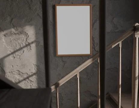 Empty frame on a textured wall, sunlight casts shadows on a staircase Stock Illustration