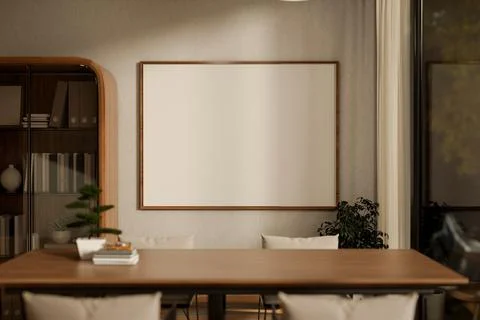 Empty frame on wall aside cabinet and wooden table with bonsai pot and book.. Stock Illustration