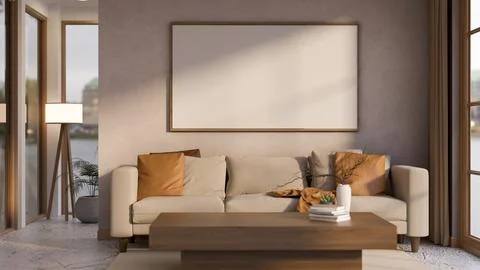 Empty frame on wall over sofa couch with pillow cushion aside wooden table .. Illustrazione stock