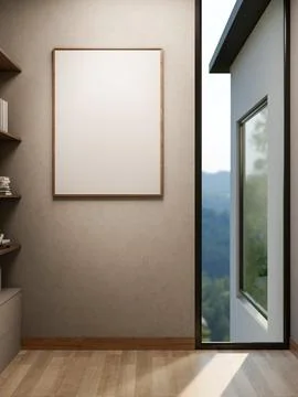 Empty frame on wall in a room with glass window wall and wooden parquet flo.. Stock Illustration
