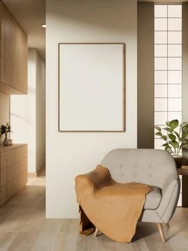 Empty frame on white wall over armchair on wooden parquet floor in corridor.. Stock Illustration