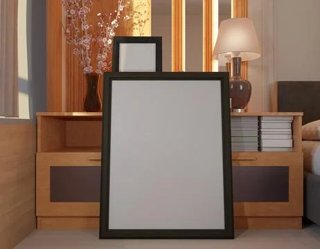 Empty frame on wooden bedside table in a modern bedroom Stock-Illustration