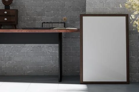 Empty frame on a wooden desk against a brick wall Stock Illustration