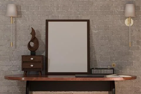 Empty frame on a wooden table in front of a brick wall Stock-Illustration