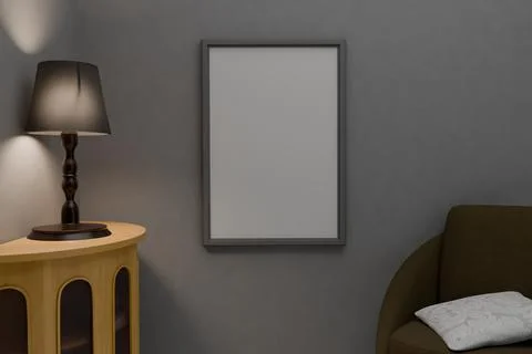 Empty framed art piece on a gray wall, next to a wooden cabinet and lamp, i.. Stock Illustration
