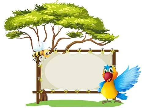 An empty framed banner with a parrot and a a bee Illustrazione stock