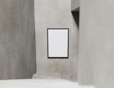 Empty framed print on a light grey concrete wall in a hallway with stairs Stock Illustration