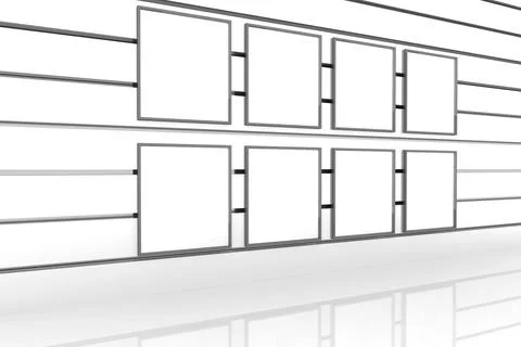 Empty frames are hanging on metal rails in minimalist gallery design, showing イラスト素材