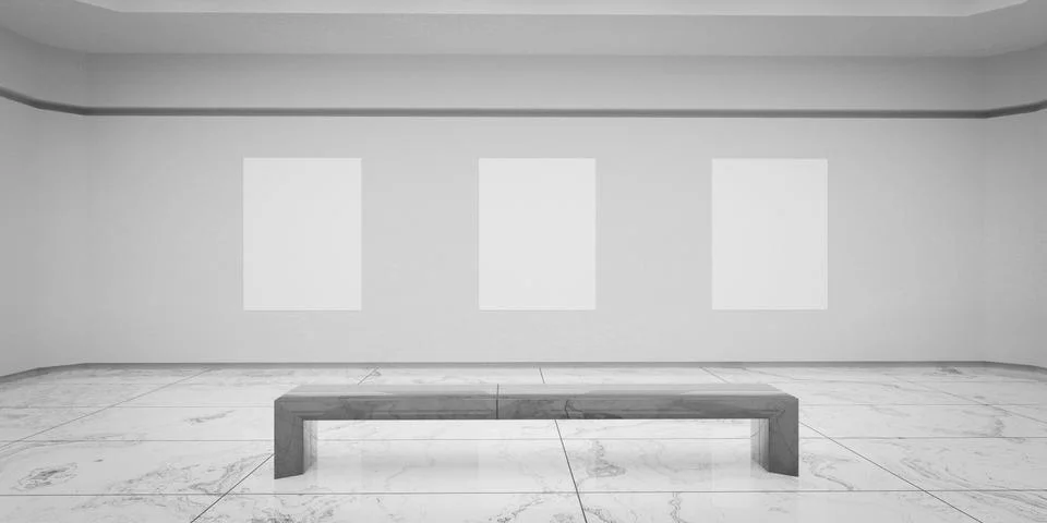 Empty frames canvas images in art gallery exhibtion 3d render illustration 스톡 일러스트