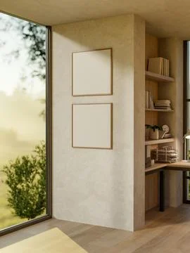 Empty frames hanging on the wall of a build in bookshelf in a wooden floor .. Illustrazione stock