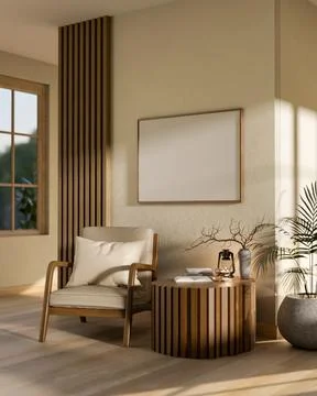 Empty frames hanging on the wall over armchair and round table in a living .. Stock Illustration