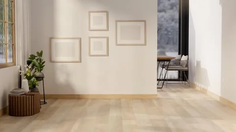 Empty frames hanging on white wall of a living room and a wooden floor corr.. Stock-Illustration