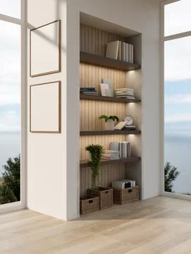 Empty frames on white wall of a build in display shelf in a wooden floor ro.. Stock Illustration