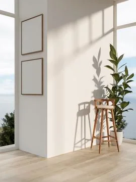 Empty frames on white wall with a chair and potted plant in a wooden floor .. Stock Illustration