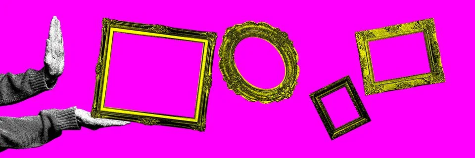 Empty frames without photos against pink background. Museum of memory Stock Illustration