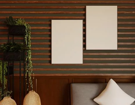 Empty frames on a wooden wall, plants, and a couch イラスト素材