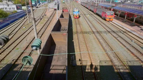 Empty freight train leaves the station of the city of Novosibirsk Stock Footage 95216142