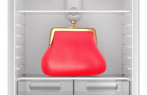 Empty fridge with coin purse inside. Food budget saving concept. 3D rendering Stock Illustration
