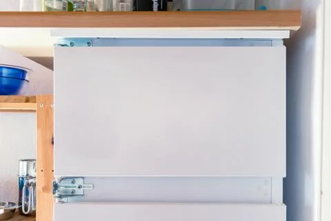 Empty Fridge Door White Template Isolated Text Copy Space Kitchen Shelf Pots  Stock Photos