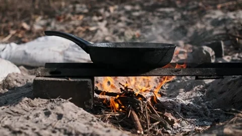 Empty Frying Pan on Bonfire Stock Footage 284674481