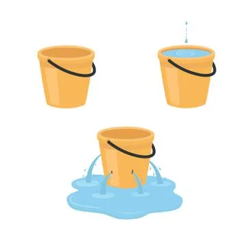 Empty, full, leaking bucket. Vector illustration isolated on white background. Stock Illustration