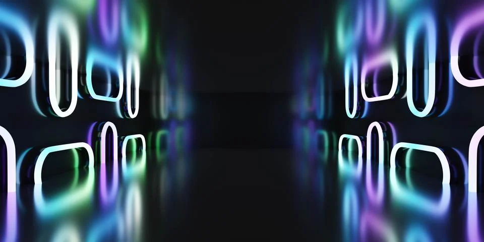 Empty futuristic neon light studio with curve shape design 3d render Stock Illustration