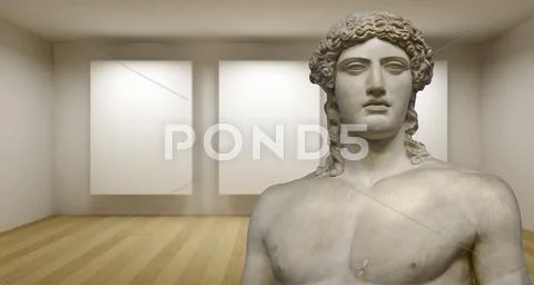 Empty gallery, 3d room with greek sculture, ancient statue Stock Illustration