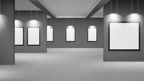 Empty gallery with blank picture frames 스톡 일러스트