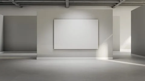 Empty gallery exhibition interior. Blank picture on white room wall background.  Vídeos de archivo 321141955