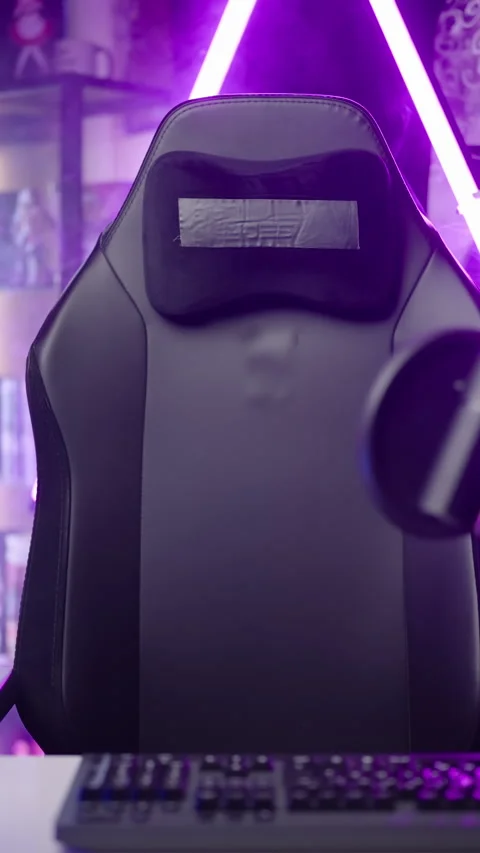 Empty gaming chair in anime influencer room with pink neon lights template Stock Footage 324142896