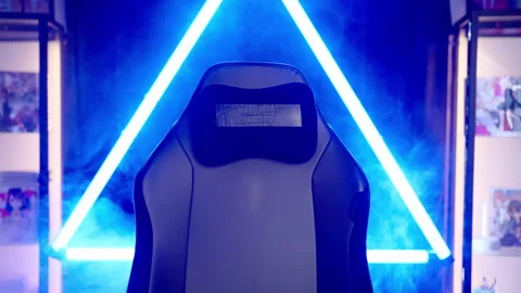 Empty gaming chair moving template in blue neon light cyberspace with smoke 4K Stock Footage 295529950