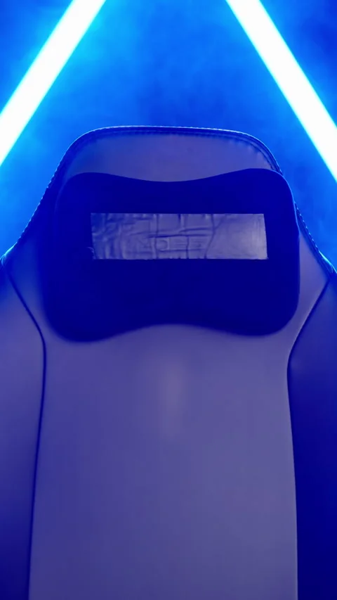 Empty gaming chair moving template in blue neon light cyberspace with smoke Stock Footage 324141881