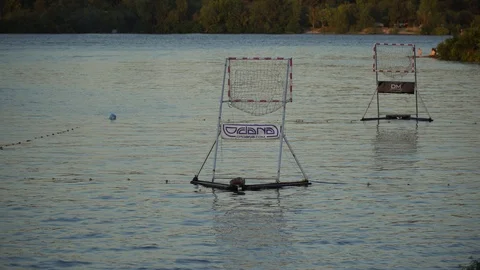 Empty gates for Polo Kayaking on the river surface Stock Footage 93656888